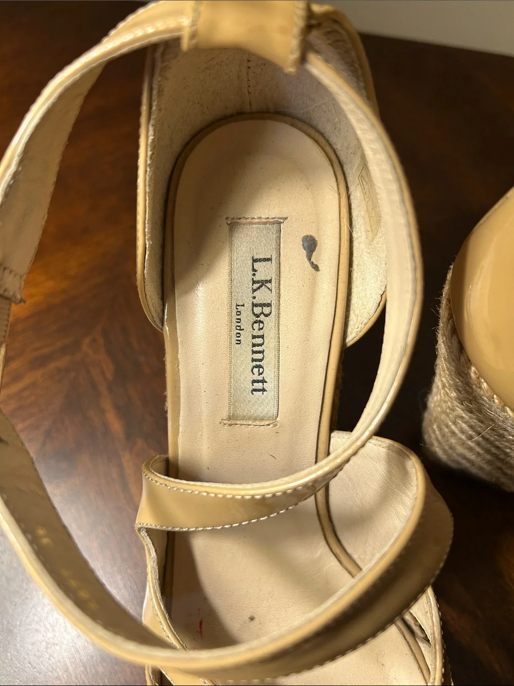 L. K. Bennett Patent Nude Braided Wedge Heels
